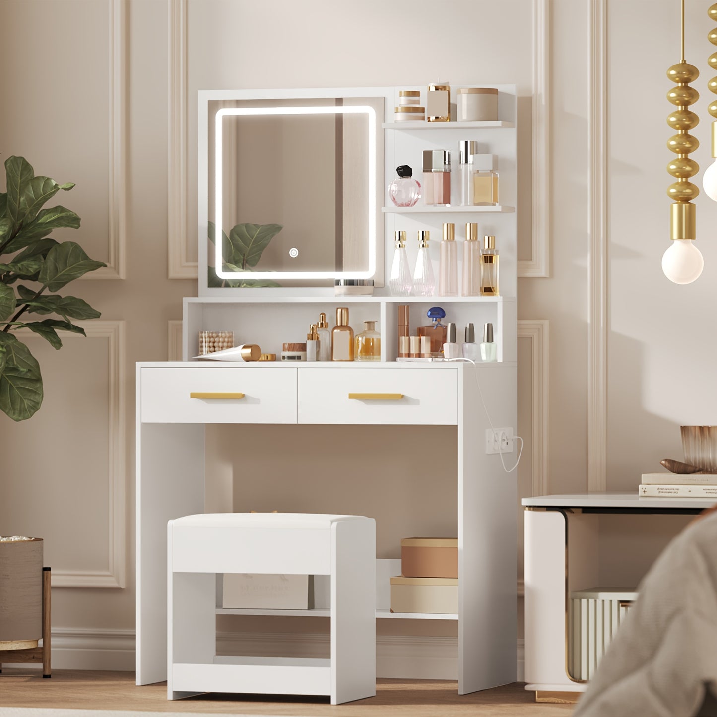 Jewelry Cabinet, Dressing Table With Adjustable LED Lights, Accessory Storage, Rechargeable AC Socket And USB Port, Vanity Makeup With Soft Dressing Stool, 2 Drawers, Open Organisers, For Bedroom, Cloakroom, White, Jewelry Bo - QUORE