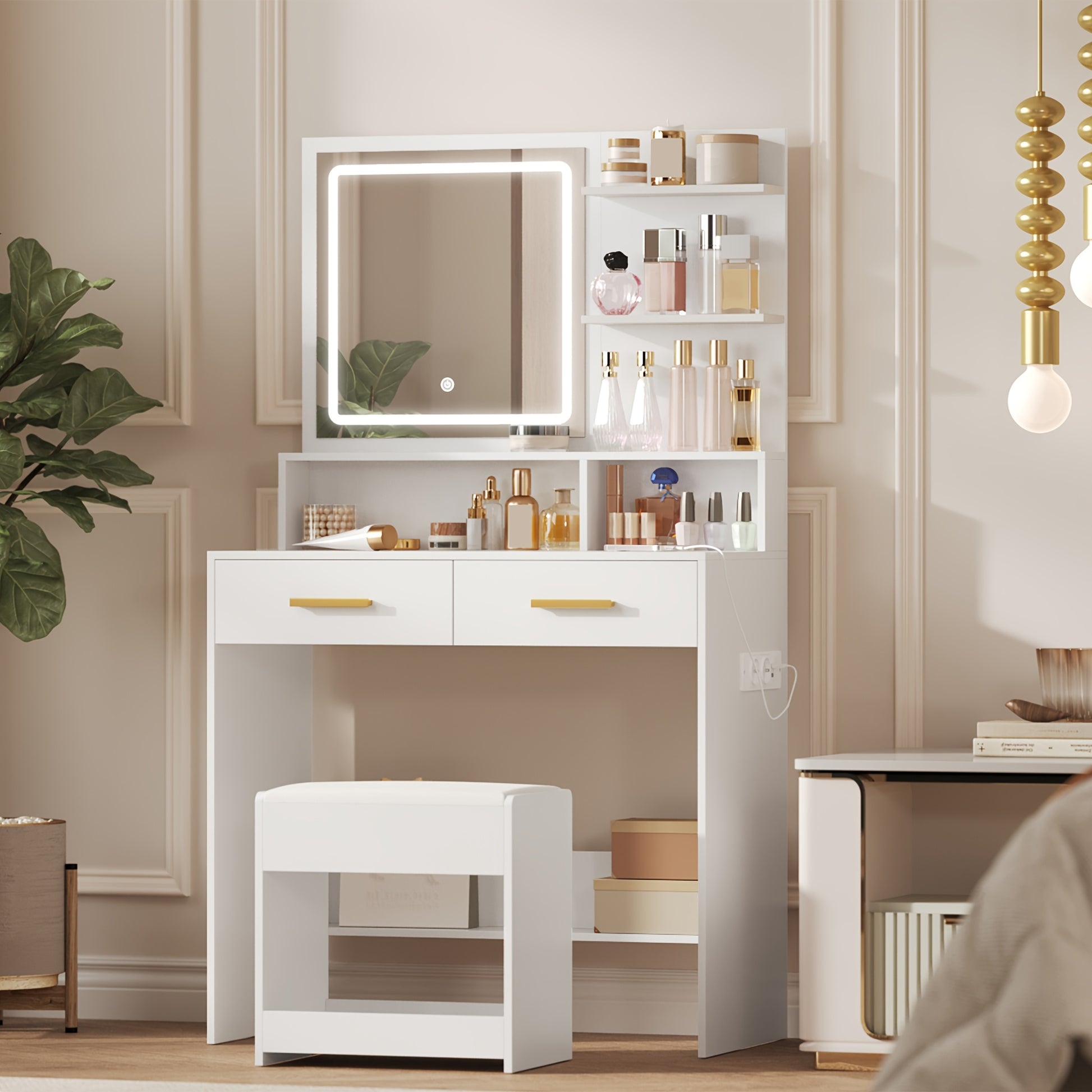 Jewelry Cabinet, Dressing Table With Adjustable LED Lights, Accessory Storage, Rechargeable AC Socket And USB Port, Vanity Makeup With Soft Dressing Stool, 2 Drawers, Open Organisers, For Bedroom, Cloakroom, White, Jewelry Bo - QUORE