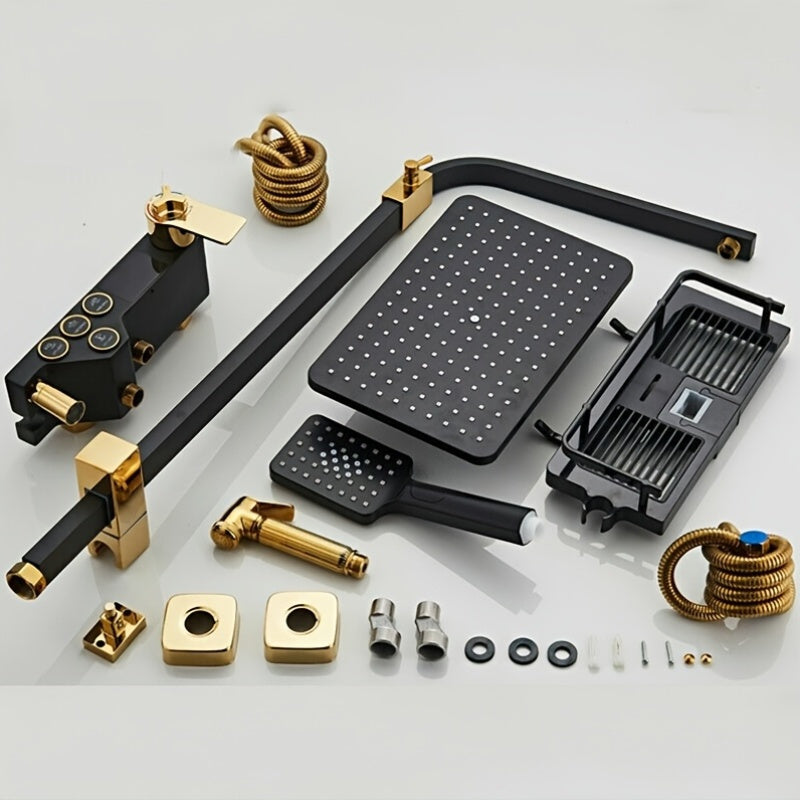 Regendouche – Douchesysteem – Douche Set – Douchekraan – Thermostaatkraan – Roestvrij Staal – Mat Zwart Gouden Afwerking
