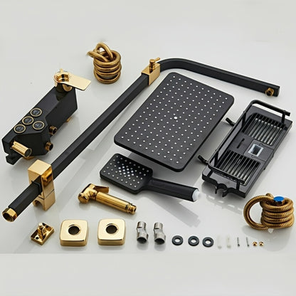 Regendouche – Douchesysteem – Douche Set – Douchekraan – Thermostaatkraan – Roestvrij Staal – Mat Zwart Gouden Afwerking