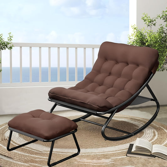 Schommelstoel – Schommelstoel Met Voetenbank – Lounge Stoel – Tuinstoel – Balkonstoel – Bruin – Gepoedercoat Stalen Frame – Weerbestendig Kunststof Vlechtwerk