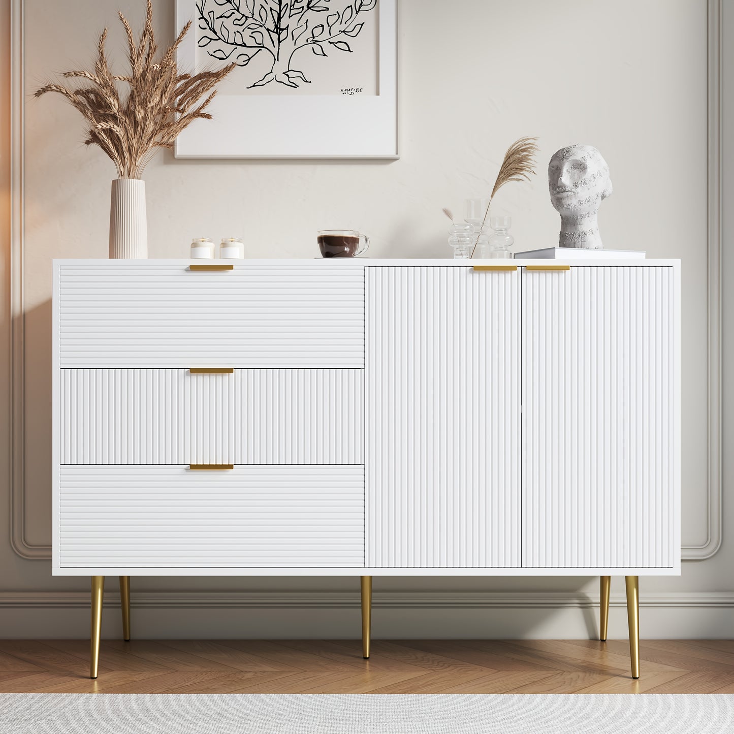 Dressoir – Buffetkast – Opbergkast – Ladekast – Woonkamerkast – Wit Met Gouden Accenten – Massief Hout – Met Deuren En Laden