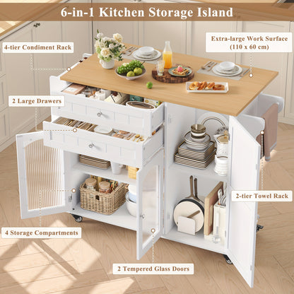 Keukentrolley – Keukenwagen – Serveerwagen – Opbergtrolley – Keukenrek – Grote Opbergruimte – 110x60 cm Werkblad – Vergrendelbare 360° Wielen – Wit Hout