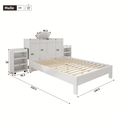 Tweepersoonsbed – Bed – Slaapbank – Bedframe – Ledikant – Wit Bamboe – Opbergruimte – 2 Uittrekbare Nachtkastjes – Eenvoudig Monteren – Twin Size