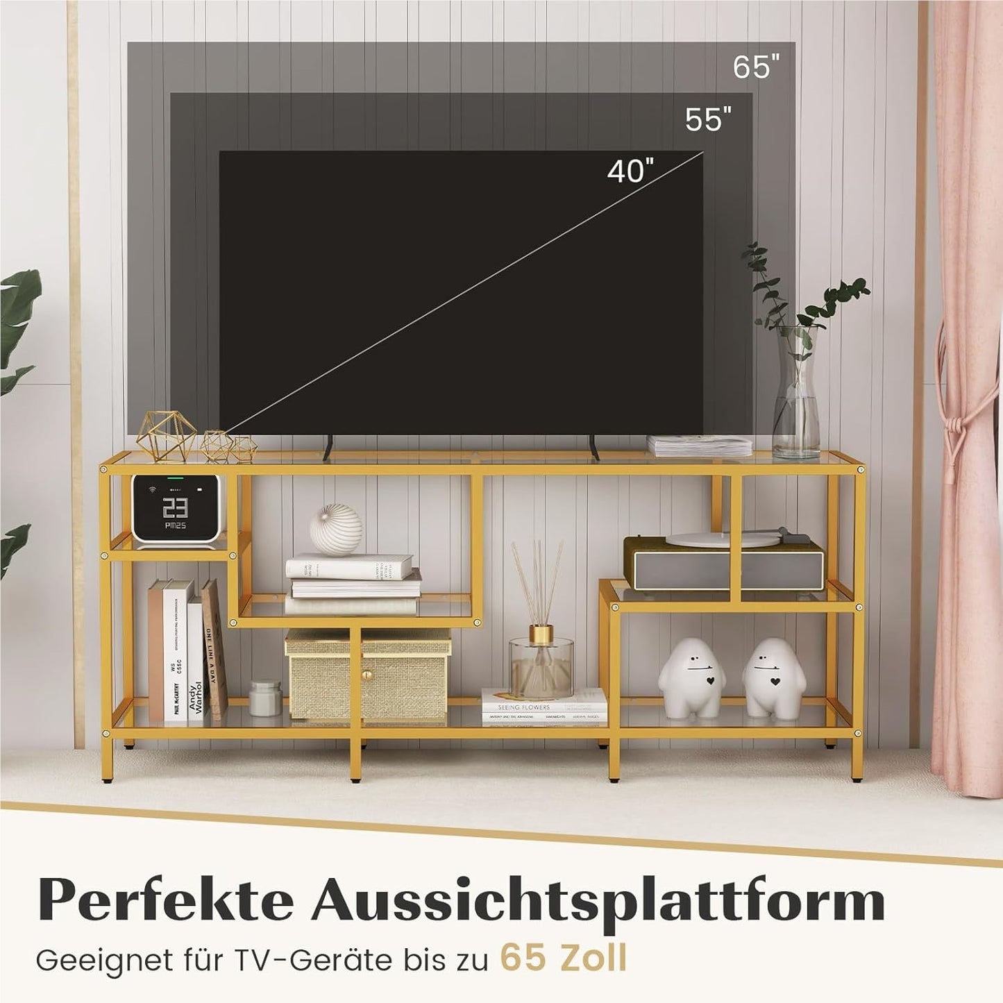 TV-meubel – TV-kast – Televisiemeubel – TV-standaard – Tv-dressoir – Met Gehard Glas – Stevige Metalen Constructie – Geschikt Voor TV’s Tot 65 Inch – Gouden Kleur – 147x40x62 cm