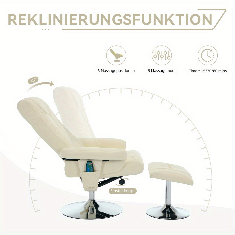 Modern Recliner Chair with 5-Point Massage, 360° Swivel & Footstool - Ergonomic Design, Beige PU Fabric, Adjustable Height, No Power Needed, Easy Assembly for Living Room, Office, or Home Theater, Office Relaxation, Contempo