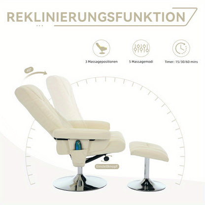 Modern Recliner Chair with 5-Point Massage, 360° Swivel & Footstool - Ergonomic Design, Beige PU Fabric, Adjustable Height, No Power Needed, Easy Assembly for Living Room, Office, or Home Theater, Office Relaxation, Contempo