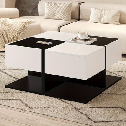 Modern Black & White Metal Coffee Table with 2-Drawer Storage - Large Square Living Room Center Table with Smooth Sliding Drawers, High-Gloss Finish, Easy Assembly, Space-Saving Design for Home & Office, 70x70x35.5cm, Durable