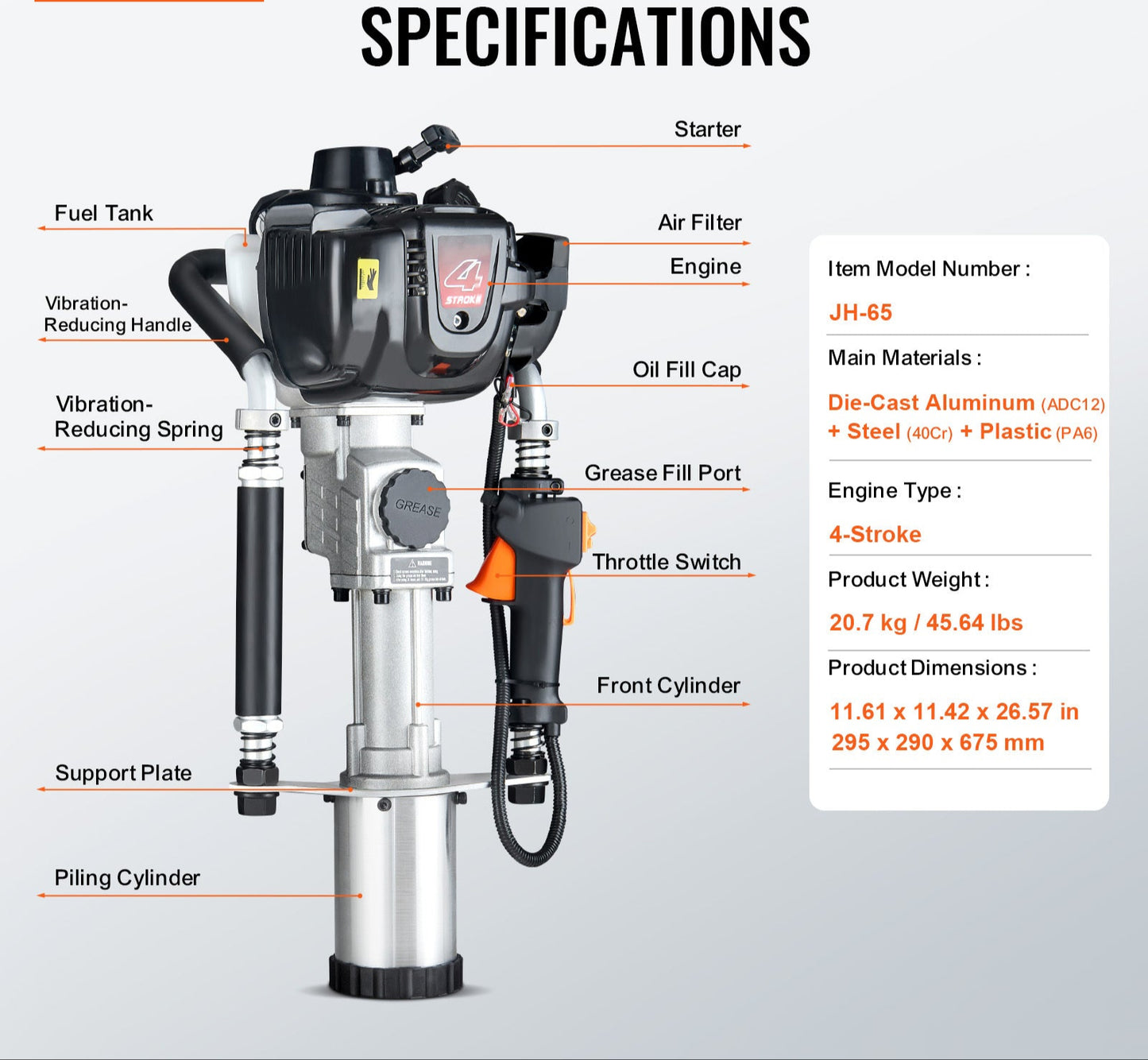 Heipaaldrijfmachine – Heistelling – Paaldrijfmachine – Hamermachine – Paalhamer – 37,7cc Benzinemotor – 3 Verwisselbare Heikhoofden