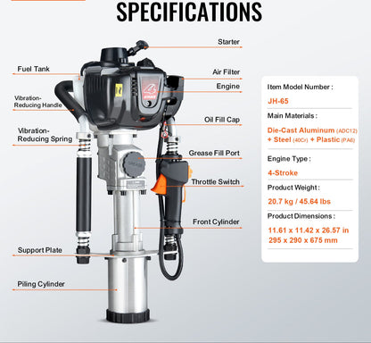 Heipaaldrijfmachine – Heistelling – Paaldrijfmachine – Hamermachine – Paalhamer – 37,7cc Benzinemotor – 3 Verwisselbare Heikhoofden
