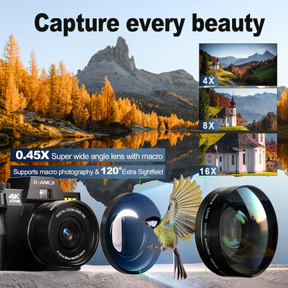 Digitale Camera – Fotocamera – Vlogcamera – 4K Camera – Compact Camera – 48MP Resolutie – 16x Zoom – WiFi & App Bediening – Anti-Shake Stabilisatie – Duale Batterijen – 32GB Geheugen – Wit