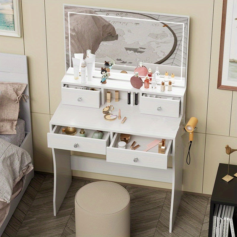Make-up Tafel – Kaptafel – Cosmeticatafel – Dressing Table – Make-up Bureau – Met Spiegel – Haardrogersstandaard – 80x40x140 cm – Vier Lades – Wit
