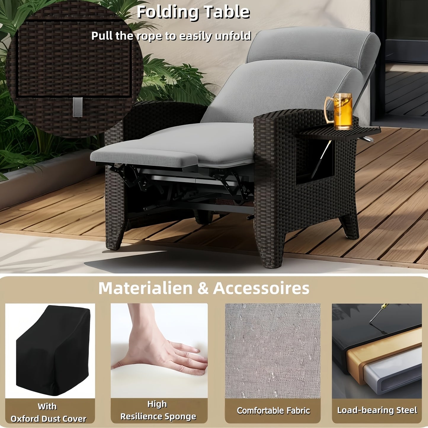 Loungebed – Ligbed – Loungestoel – Ligstoel – Tuinstoel – Verstelbare Rugleuning – Inklapbaar Zijtafeltje – Metaal Frame – Memory Foam Kussen