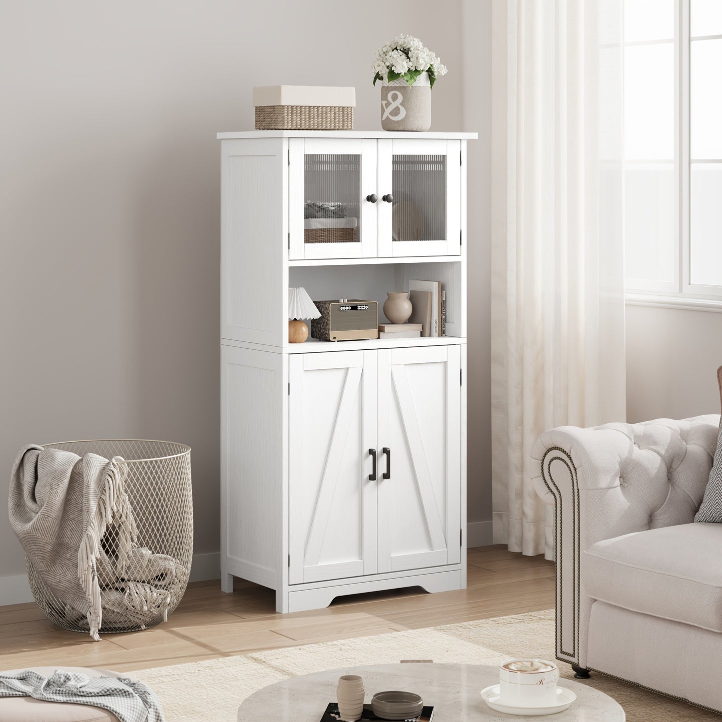 Wit Vloerkastje – Opbergkast – Badkamerkast – Keukenkast – Kast Met Glazen Deuren – 128 cm Hoog – Verstelbare Planken