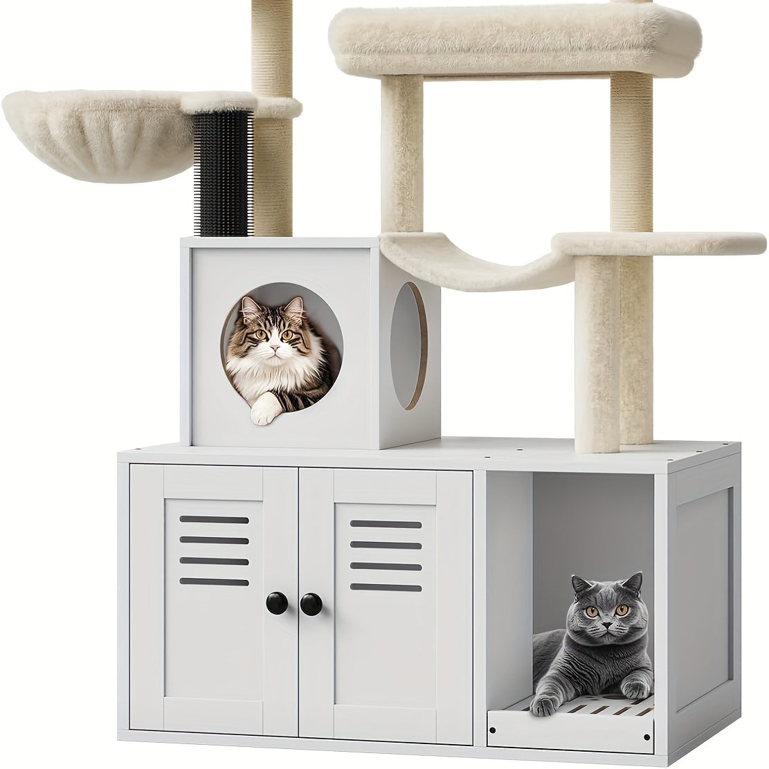 Kattenboom – Krabpaal – Speelhuis – Kattenmeubel – Kattentoren – Wit – Verborgen Kattenbak – Stevige Houten Constructie