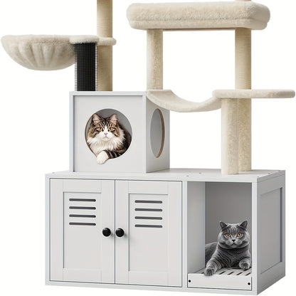 Kattenboom – Krabpaal – Speelhuis – Kattenmeubel – Kattentoren – Wit – Verborgen Kattenbak – Stevige Houten Constructie