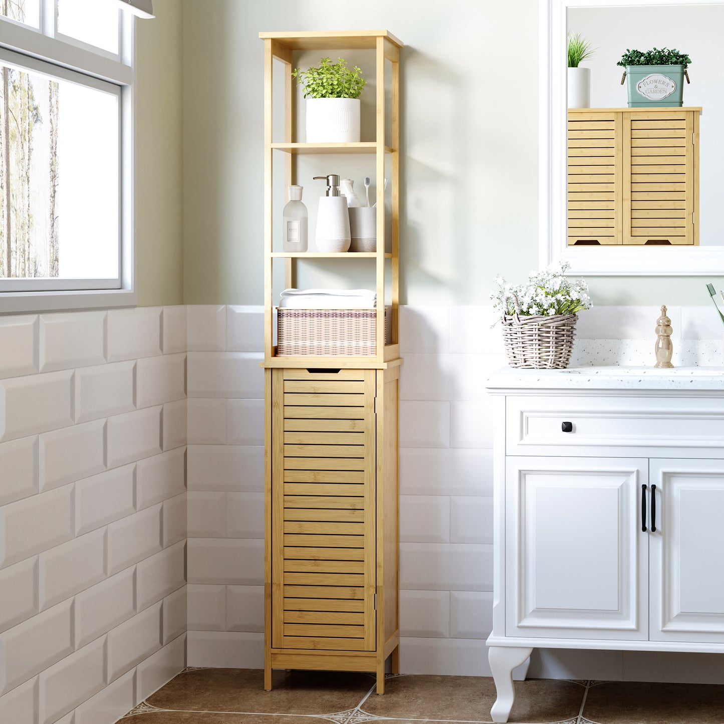 Bamboe Badkamerkast – Smalle Kast – Opbergkast – Badkamer Meubel – Hoog Kastje – Duurzaam Bamboe – Kantelbeveiliging – Compact 34x30x173 cm
