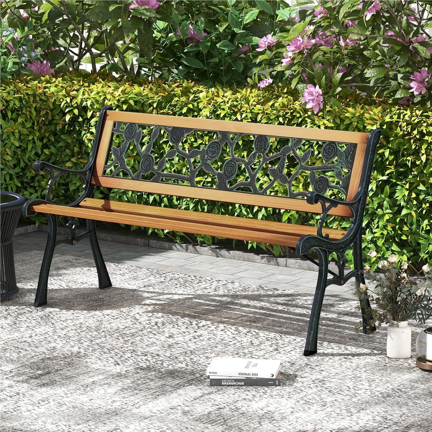 Tuinbank – Buitenbank – Balkonbank – Parkbank – Houten Bank – Weerbestendig Hout – Stevig Metalen Frame – 2 Persoons – 126 x 52 x 74 cm