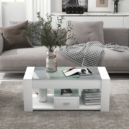 Salontafel – Woonkamertafel – Koffietafel – Tafel Met Opbergruimte – Sofa Tafel – Wit – Glazen Blad – Stevig Metalen Frame