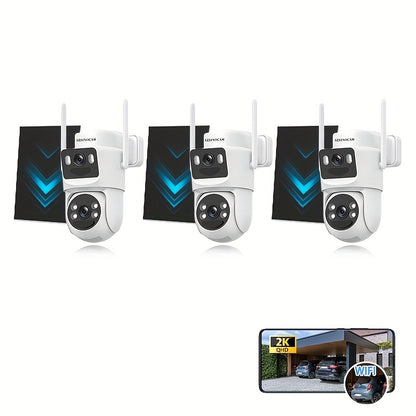Draadloze Beveiligingscamera – Bewakingscamera – Outdoor Camera – Wifi Camera – IP66 Camera – 3 Stuks – 2K Dual-Lens – Zonne-energie Met PTZ 355° Draaifunctie