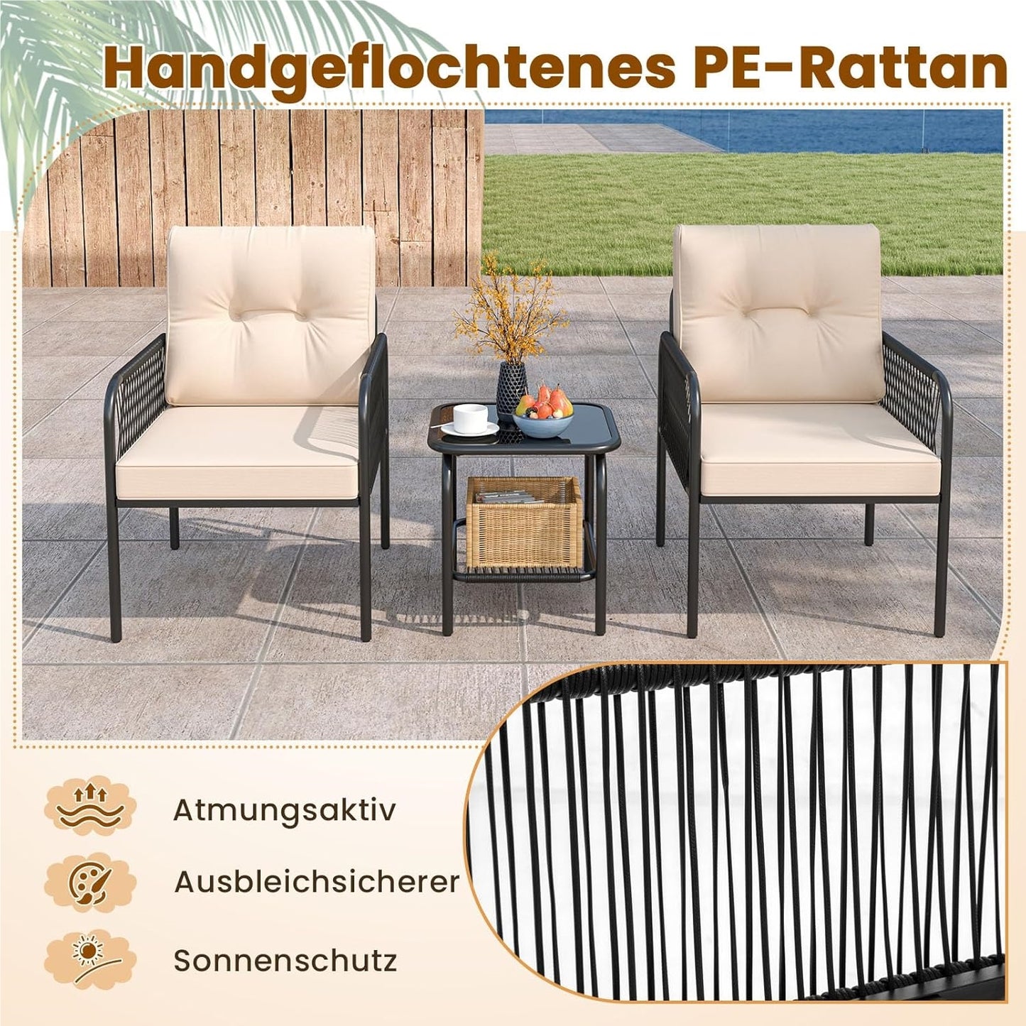 Rattan Tuinmeubel Set – Balkonset – Balkon Meubels – Tuinmeubels – Terras Meubel – 3-delig Met Kussens – Weerbestendig PE Rattan – Tempered Glas Tafel