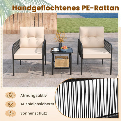 Rattan Tuinmeubel Set – Balkonset – Balkon Meubels – Tuinmeubels – Terras Meubel – 3-delig Met Kussens – Weerbestendig PE Rattan – Tempered Glas Tafel