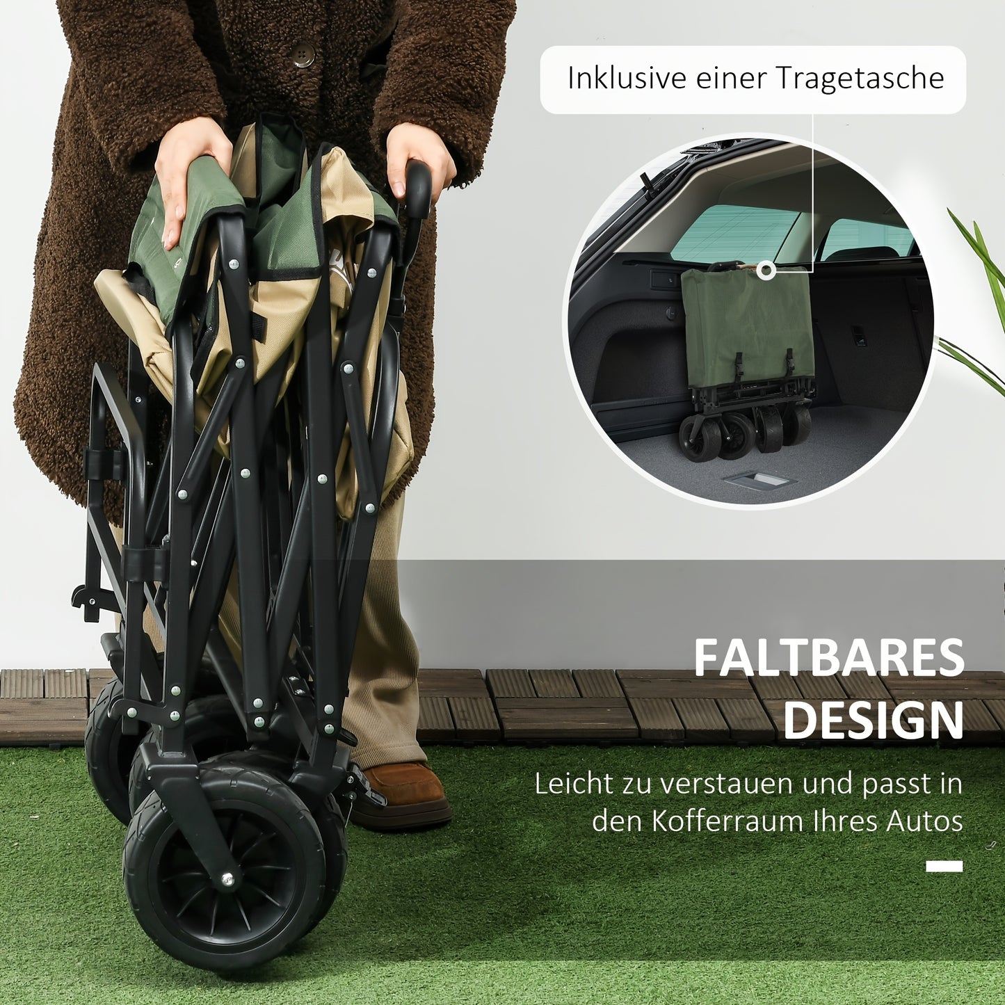 Opvouwbare Transportkar – Handwagen – Strandkar – Boodschappenwagen – Tuinkar – Kaki Groen – Draagkracht Tot 100 Kg – Stevig Oxford Materiaal