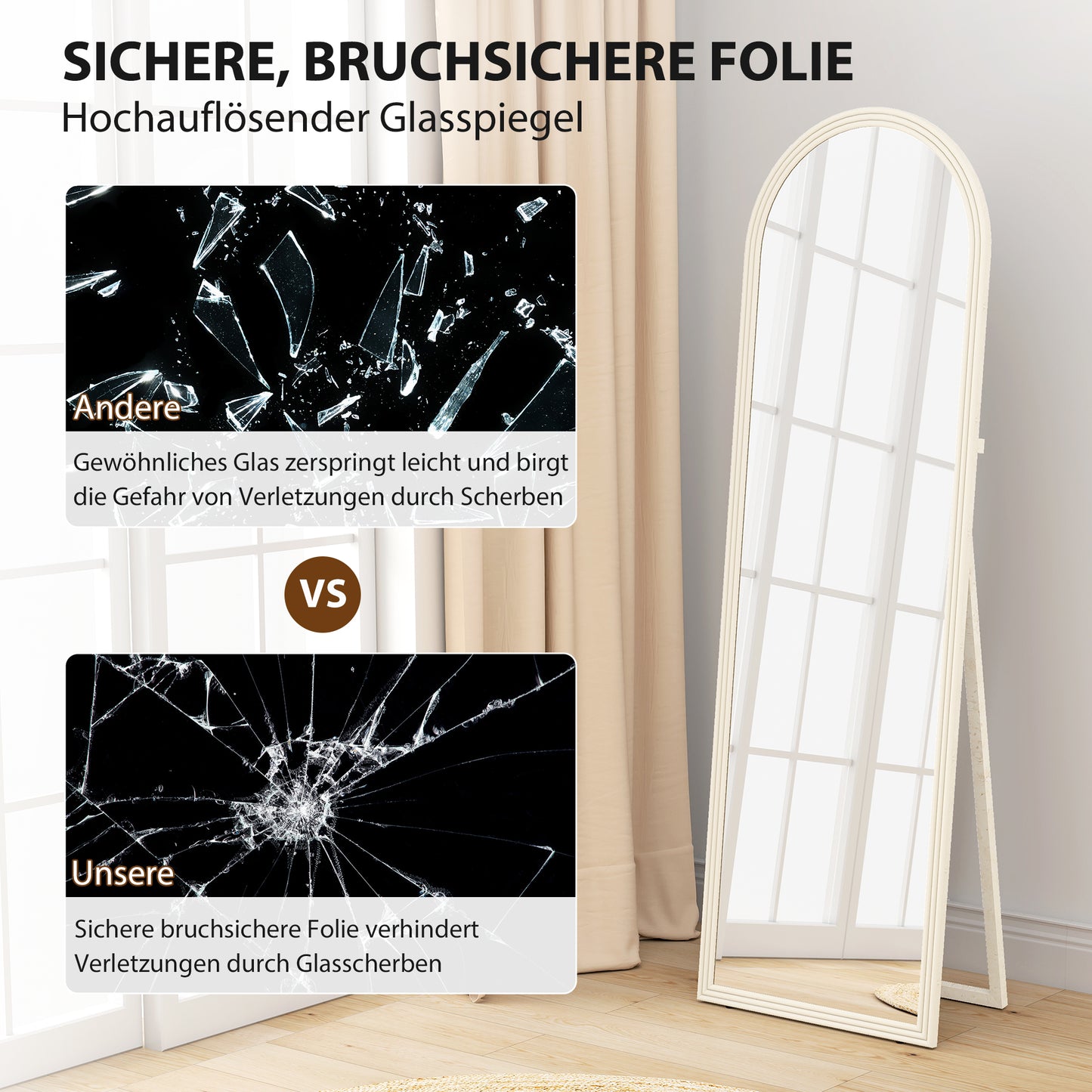 Staande Spiegel – Passpiegel – Vloerspiegel – Wandspiegel – Boogspiegel – Wit Frame – 50x160 cm – Vrijstaande & Ophangbare Full-Length Spiegel