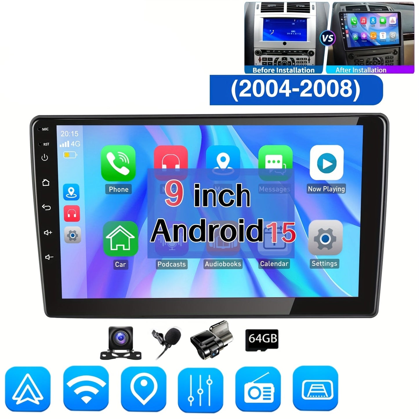 Android 9-Inch Autoradio – 2-DIN Multimedia Speler – Touchscreen Navigatie Systeem – Achteruitrijcamera Compleet – Wifi Draadloze Android Auto – Quad-Core Processor – HD IPS Display – Voor Peugeot 407 (2004-2008)