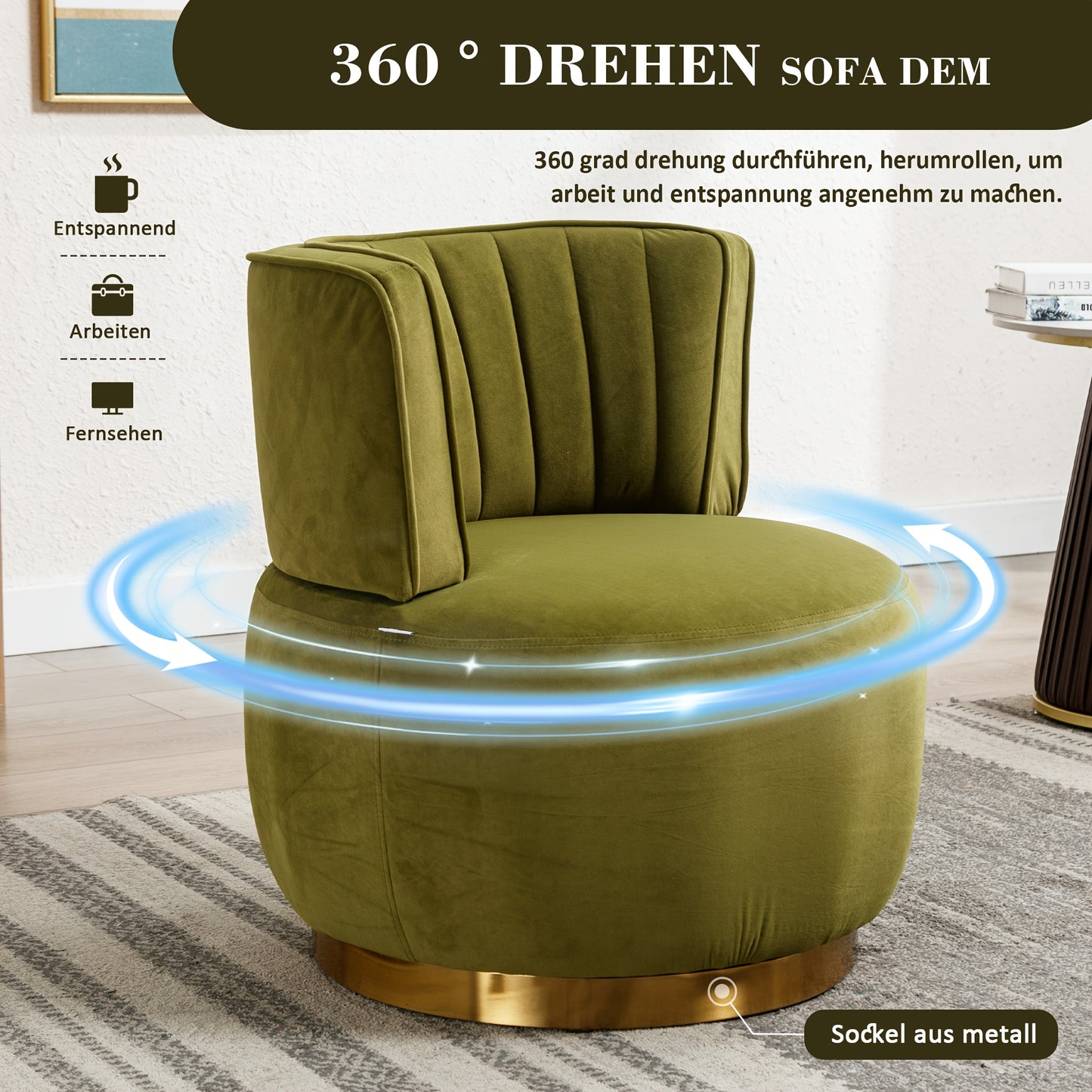 360 Degree Modern Swivel Chair Round Swivel Chair Soft Velvet Finish Comfortable Backrest Stable Structure Living Room Chair Shell Chair Suitable For Living Room Bedroom Study Room, Olive Green