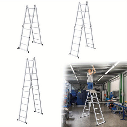 Multipurpose Ladder, Household Ladder, Foldable, Step Ladder Work Platform, Load-Bearing 150kg, Aluminum Alloy Combination Ladder, Silvery, (4X3 Steps, 4X4 Steps, 4X5 Steps)