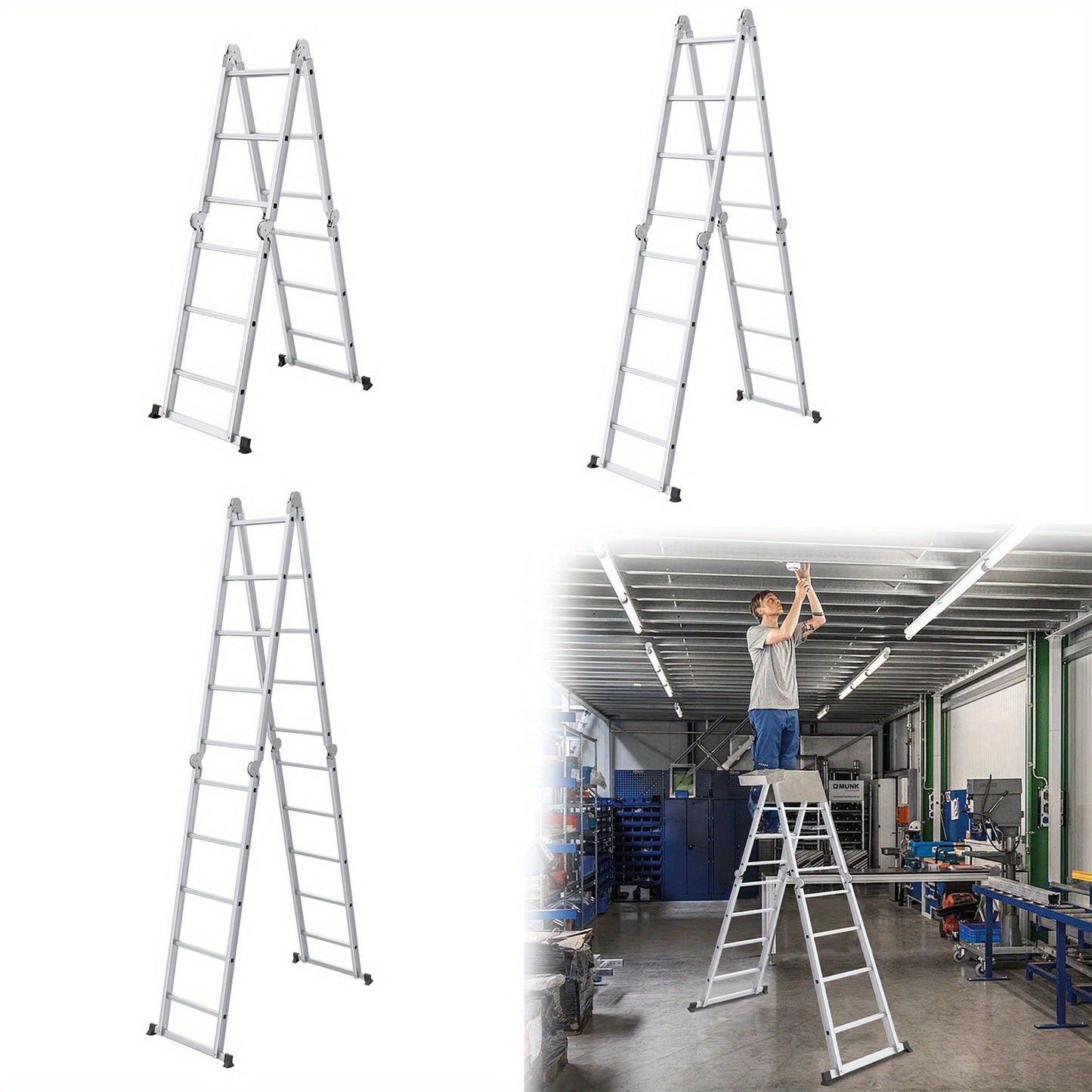Multipurpose Ladder, Household Ladder, Foldable, Step Ladder Work Platform, Load-Bearing 150kg, Aluminum Alloy Combination Ladder, Silvery, (4X3 Steps, 4X4 Steps, 4X5 Steps)