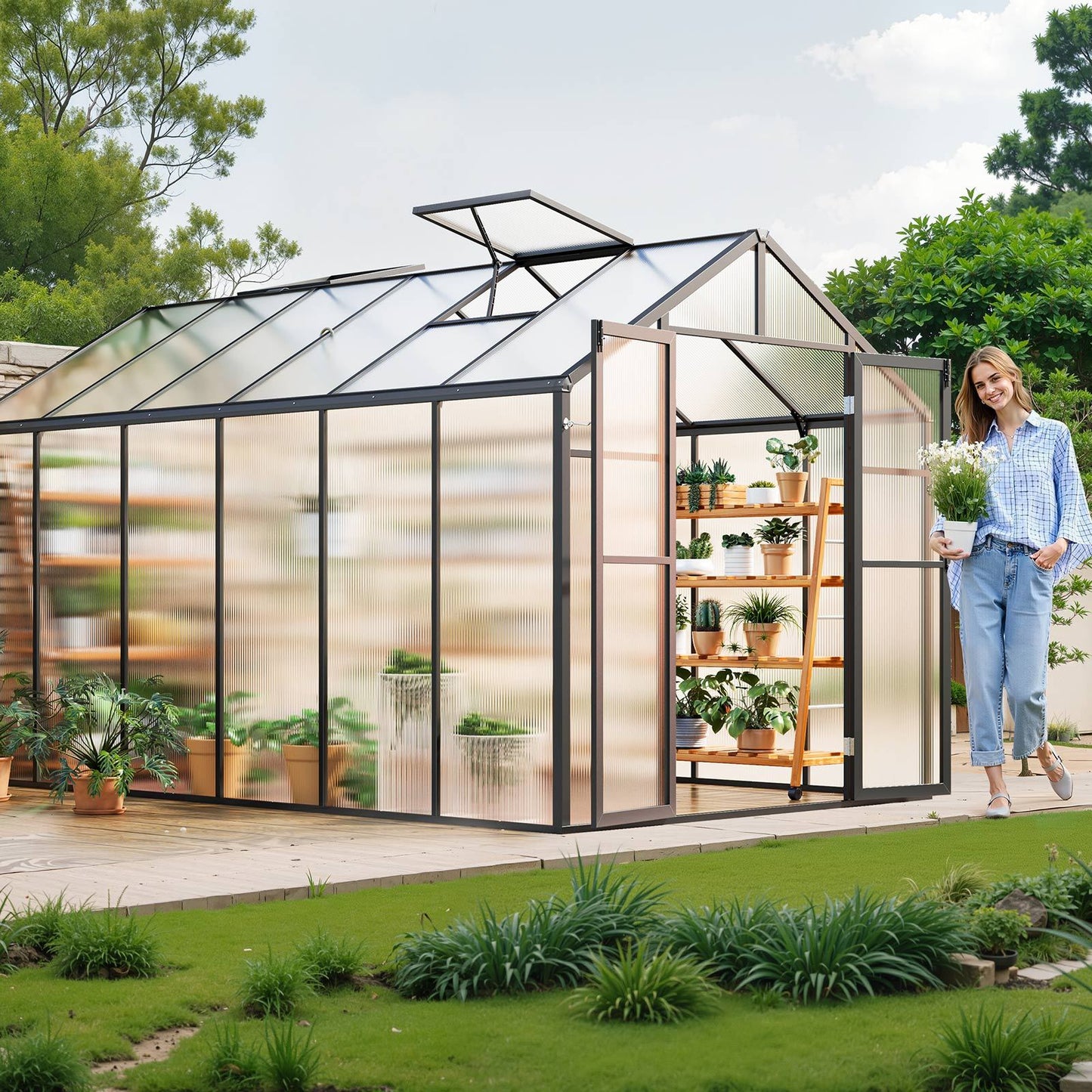 Kasje – Tuinkas – Kweekkas – Broeikas – Serre – Aluminium Frame – Polycarbonaat Panelen – 244x366 cm – Ventilatiesysteem