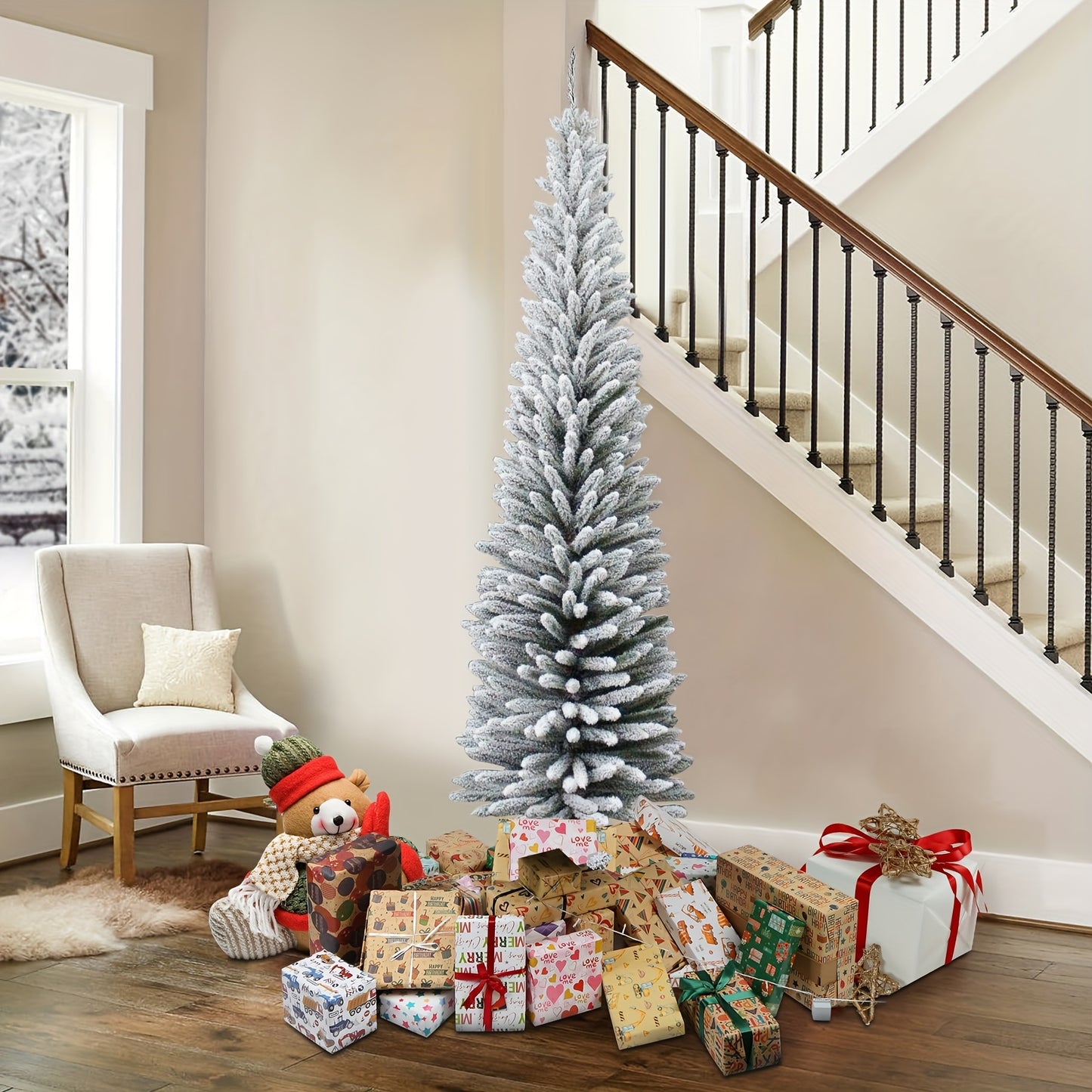 Kunstkerstboom – Smalle Kerstboom – Flocked Kerstboom – Pencil Boom – Sneeuwboom – 150 cm Hoog – 350 PVC Takken – Stevige Metalen Standvoet – Vouwbaar Zonder Elektriciteit