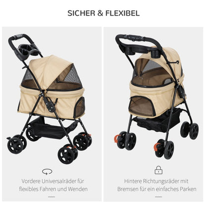 Dierenwagen – Huisdierenwagen – Huisdierbuggy – Hondenwagen – Kattenwagen – Khaki – Stevig IJzeren Frame – 360° Draaibare Voorwielen Met Remmen