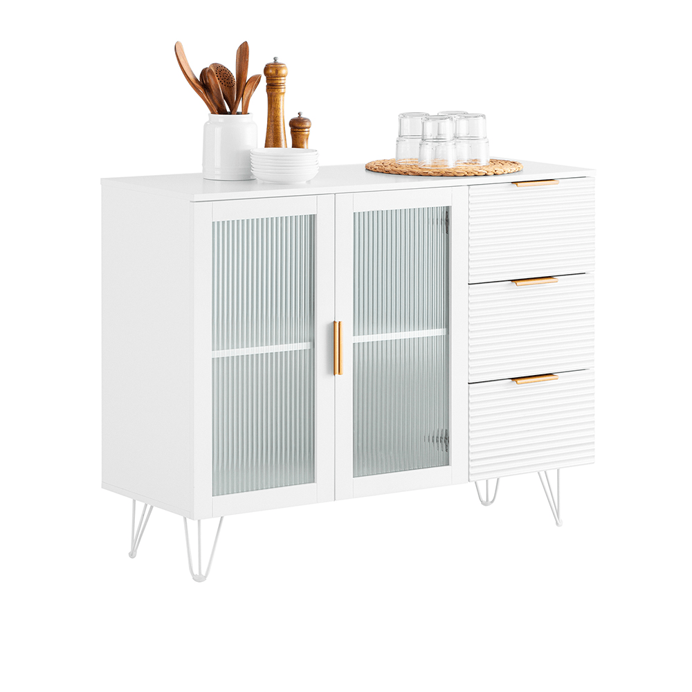 Keukenkastje – Keukenbuffet – Keukenmeubel – Opbergkast – Onderkast – 3 Laden – 2 Glazen Deuren – MDF Wit – Compact 108x85x40 cm