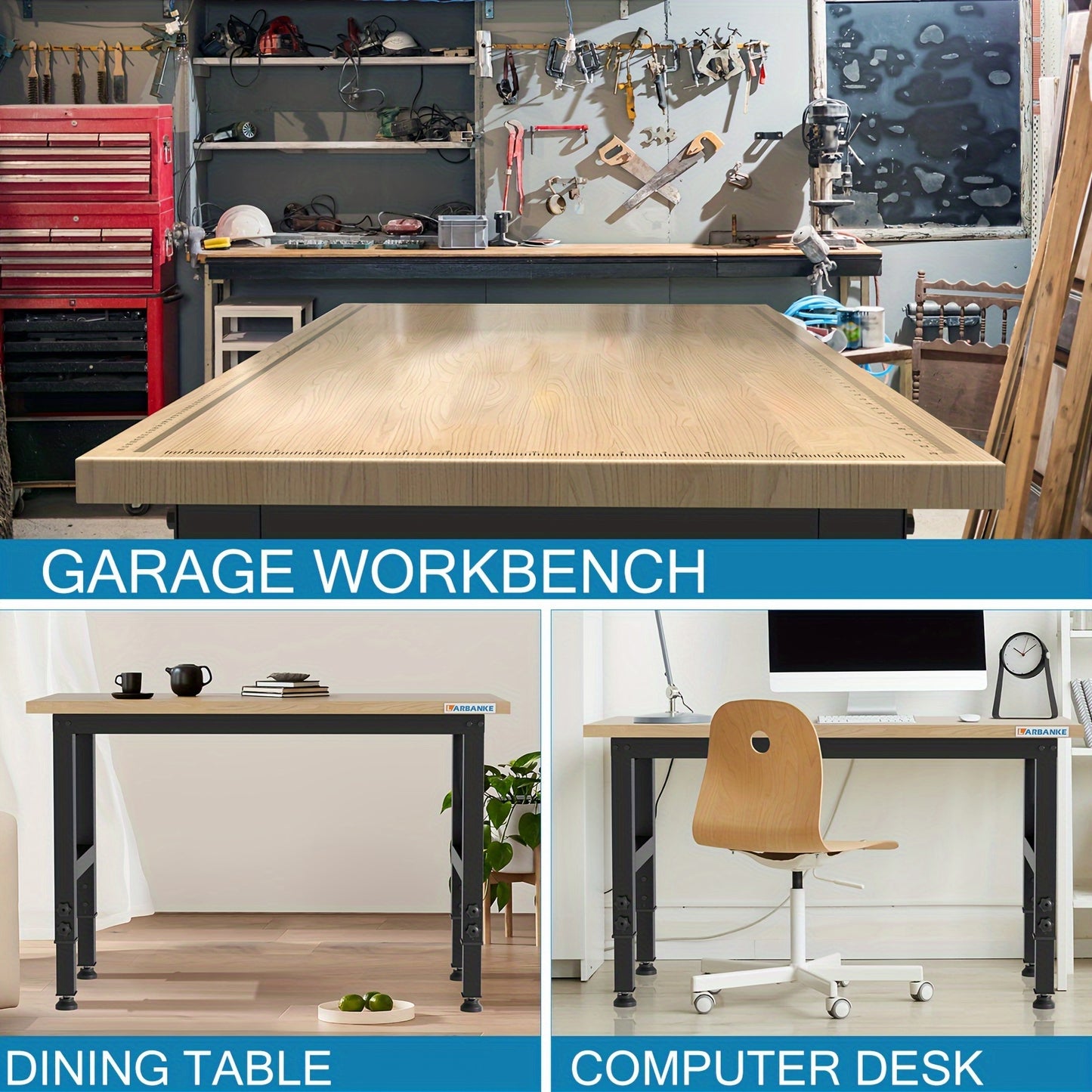 Werkbank – Werktafel – Werkbank Verstelbaar – Werkblad – Montagebank – Rubberhout – 120 cm – Verstelbare Hoogte 5 Standen – Draagvermogen 900+ kg
