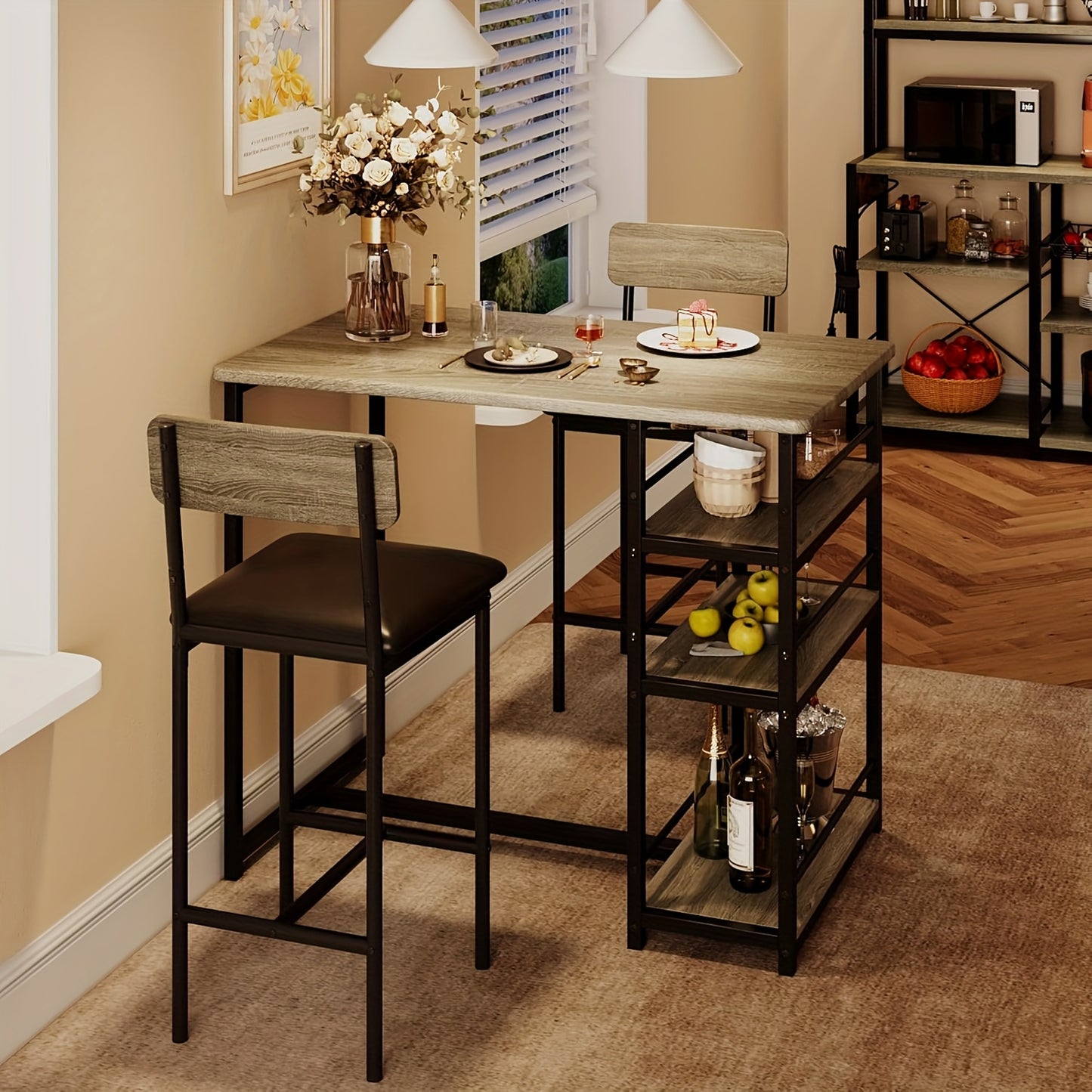 Eettafelset – Keukentafelset – Eetkamerset – Tafeltje Met Stoelen – Barkrukken – Compact Design – Gestoffeerde Barkrukken – Metaal En MDF – Rustiek Grijs