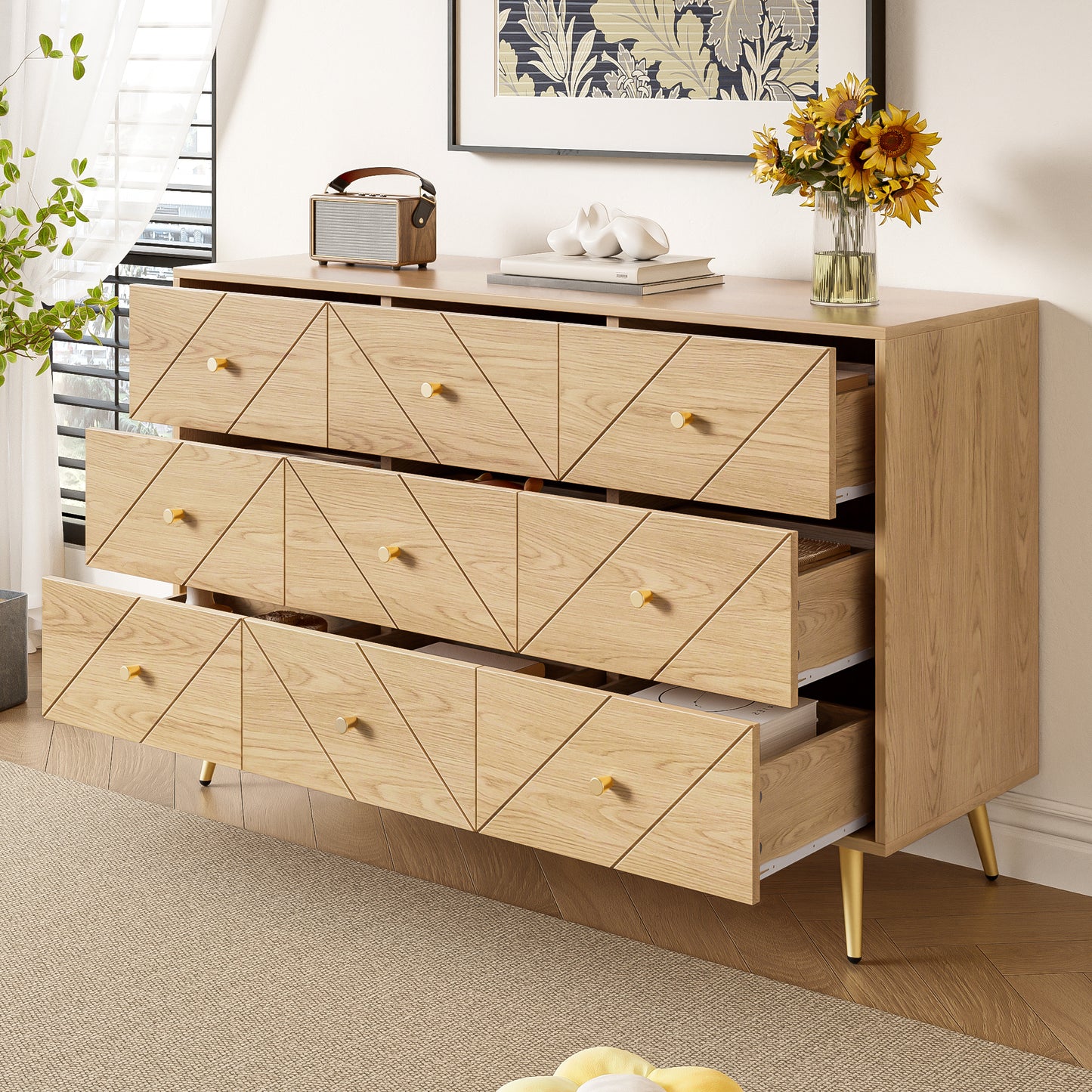 Commode – Ladekast – Dressoir – Opbergkast – Kast – Houtlook Nature – 9 Lades – Afm. 120x39x80 cm – Gouden Metalen Poten – Stevige PB Constructie