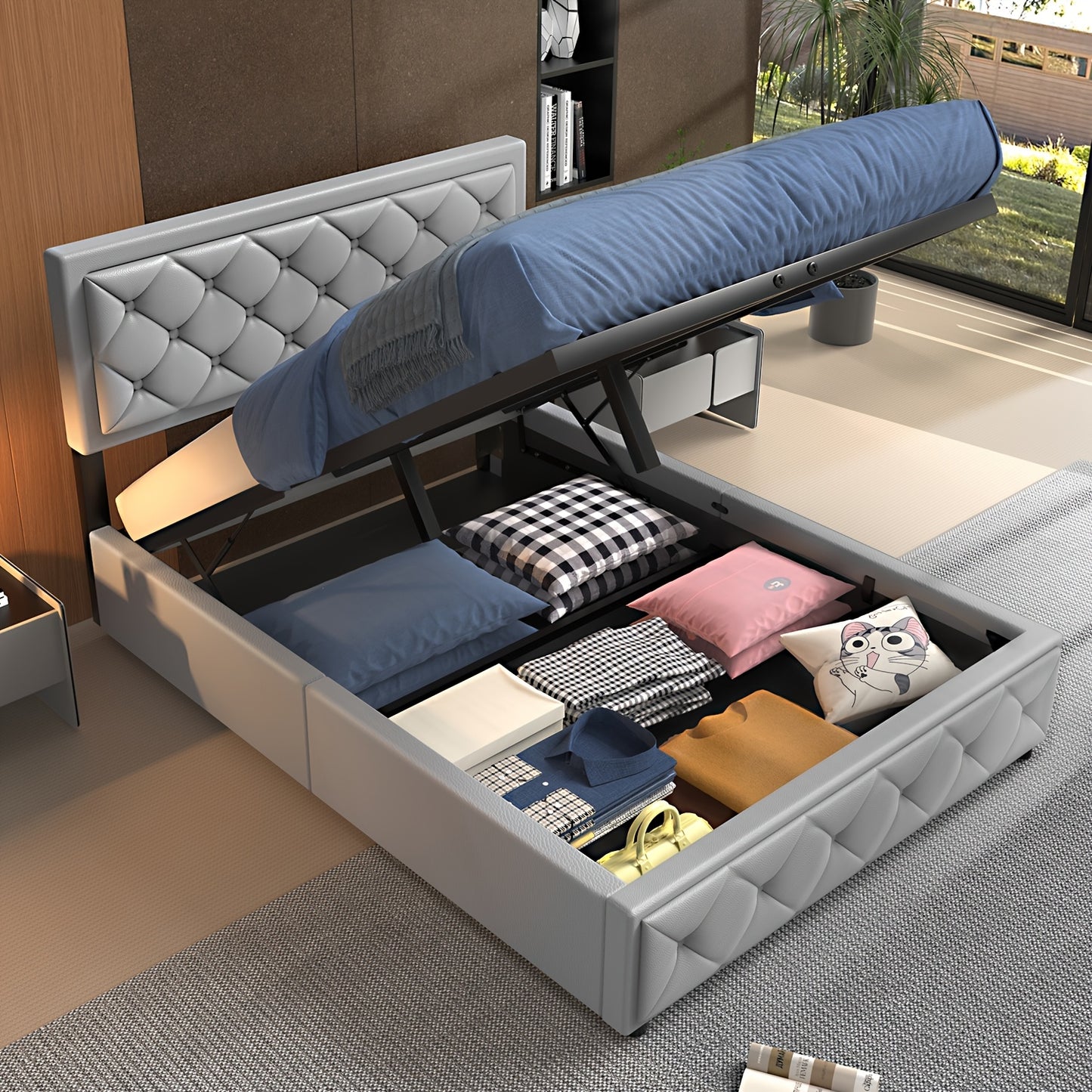 Opbergbed – Bedframe – Opbergbox Bed – Liftbed – Slaapbank – Donkergrijs PU – Gasveerlift – Compact & Eenvoudige Montage