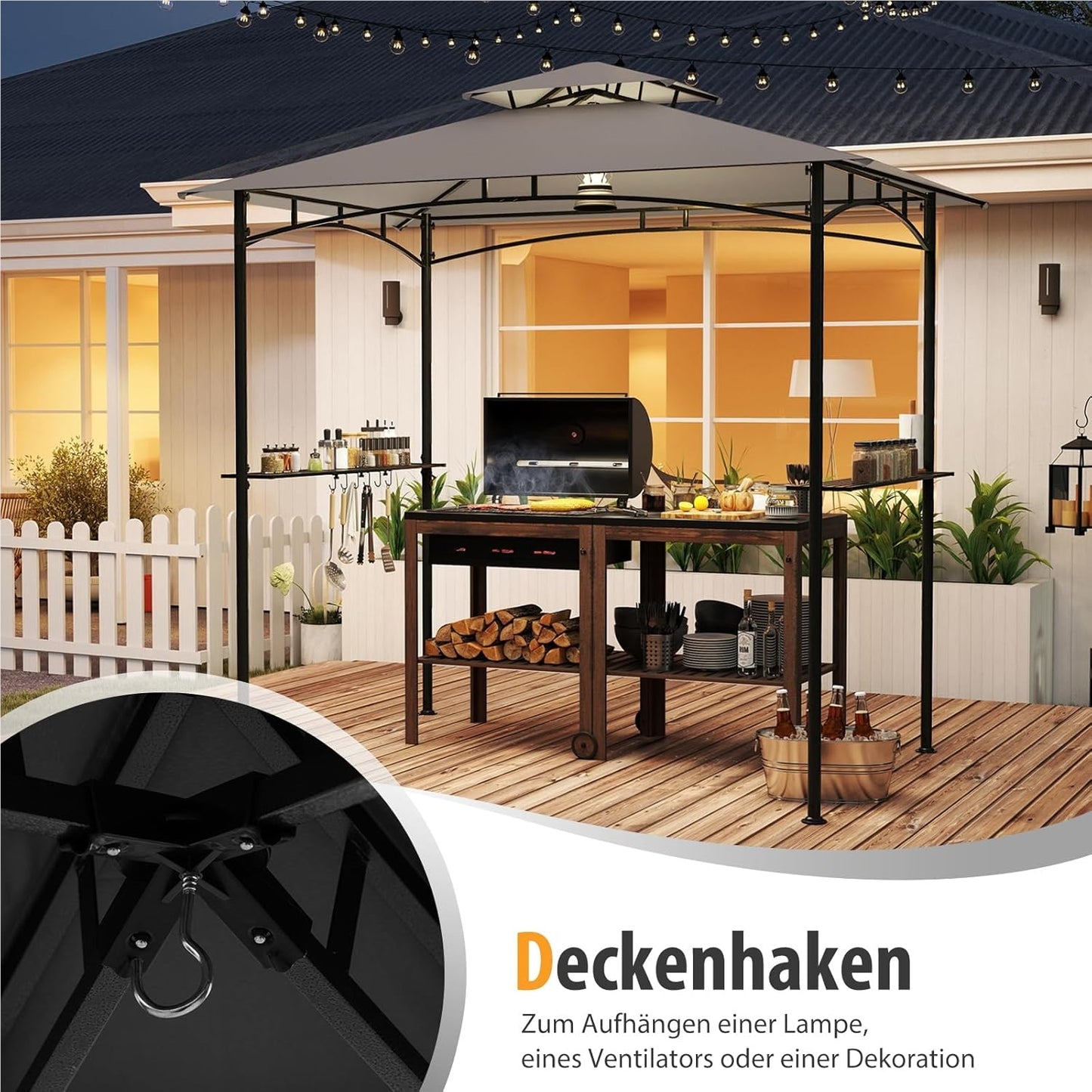 Grillpaviljoen – Barbecueoverkapping – Tuinpaviljoen – BBQ Shelter – Terrasoverkapping – Dubbel Polyester Dak – Met Zijplanken en Haken – Weerbestendig – 242 x 150 cm – Grijs