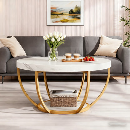 Ronde Salontafel – Cocktailtafel – Bijzettafel – Tafel – Woonkamertafel – Modern Design – Wit Marmerlook – Gouden Poten – 2-Laags Opbergruimte – Eenvoudige Montage