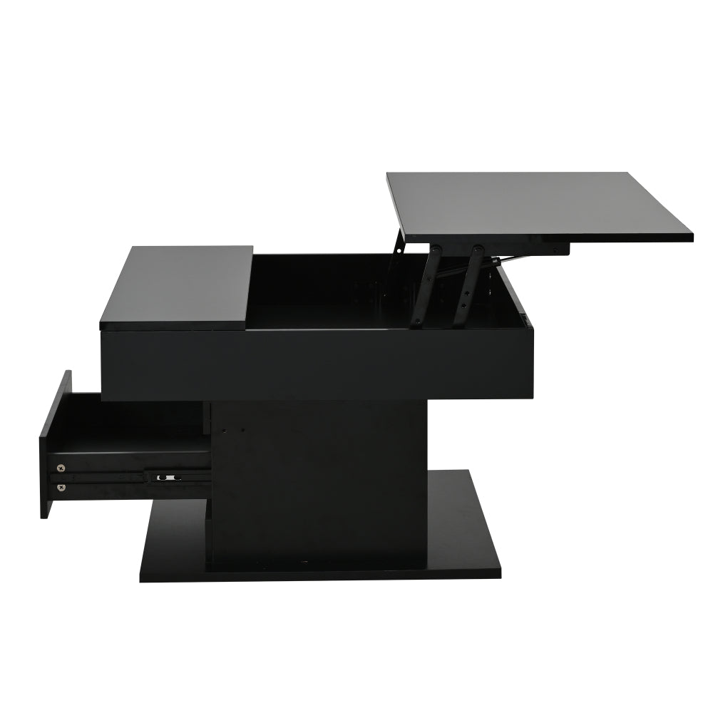 Geometric Coffee Table, 360° Rotating Top, Lift-Up Coffee Table with 1 Drawer, High-Gloss Living Room Table with Hidden Storage, Sofa Table, Side Table, Black