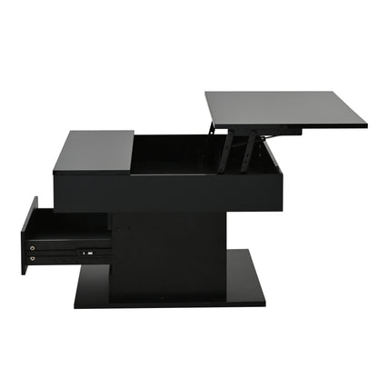 Geometric Coffee Table, 360° Rotating Top, Lift-Up Coffee Table with 1 Drawer, High-Gloss Living Room Table with Hidden Storage, Sofa Table, Side Table, Black