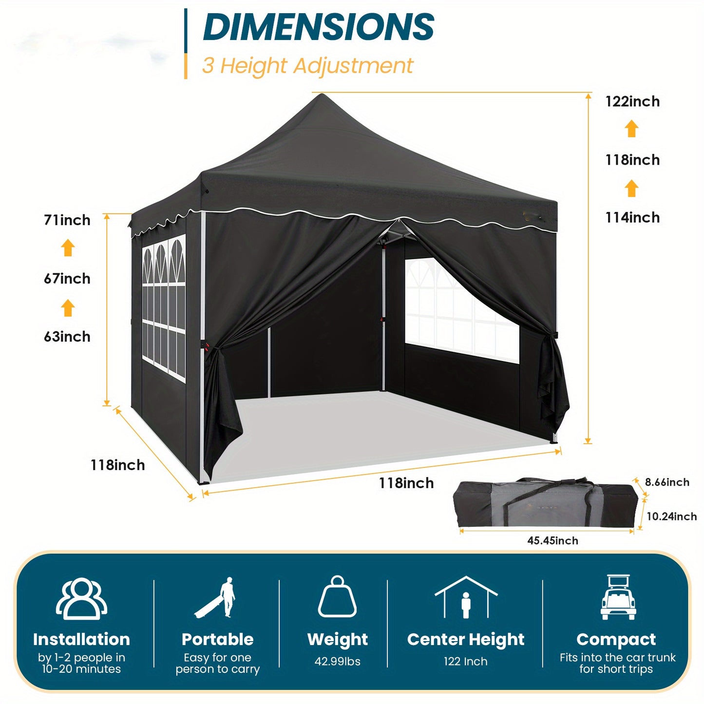 Pop-up Partytent – Vouwtent – Paviljoen – Terrastent – Evenemententent – 3,05x3,05 Meter – Carbonstaal Frame – Waterafstotend Oxford Doek