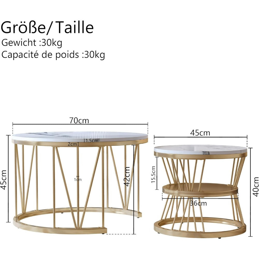 Salontafel Set – Moderne Ronde Tafels – Bijzettafel – Lage Tafel – Woonkamer Tafel – Gouden Metalen Frame – Wit Marmerblad – Nestbaar & Ruimtebesparend – Lichtgewicht & Makkelijk Verplaatsbaar