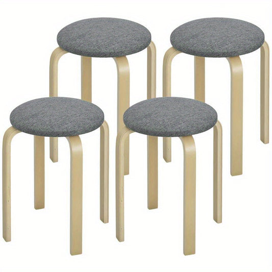 Polsterhocker Im 4Er-Set, Stapelbar, Lackierte Oberfläche, Holzbeine, Grau, Freizeitstuhl, Bequeme Wohnzimmermöbel, Multifunktionaler Sitz, Geeignet Für Wohnzimmer, Schlafzimmer, Esszimmer, Flur, Balkon. Perfekte Heimdekor