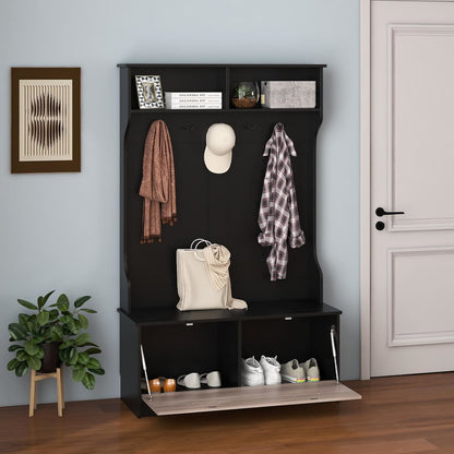 Hall Tree – Kapstok – Schoenenkast – Garderoberek – Halmeubel – Met 5 Dubbele Haken – Met Opbergbank Met 90 kg Draagvermogen – Zwart