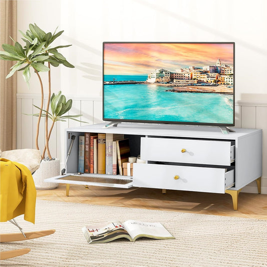 TV meubel – TV kast – TV stand – TV dressoir – Living room meubel – Voor 55 inch TV – Tempered glass vouwdeur – Metalen poten