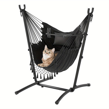 Schommelstoel Buiten – Hangstoel – Schommelstoel Balkon – Tuinstoel – Relaxstoel – Zwart – Robuust Stalen Frame – Verstelbare Telefoonhouder